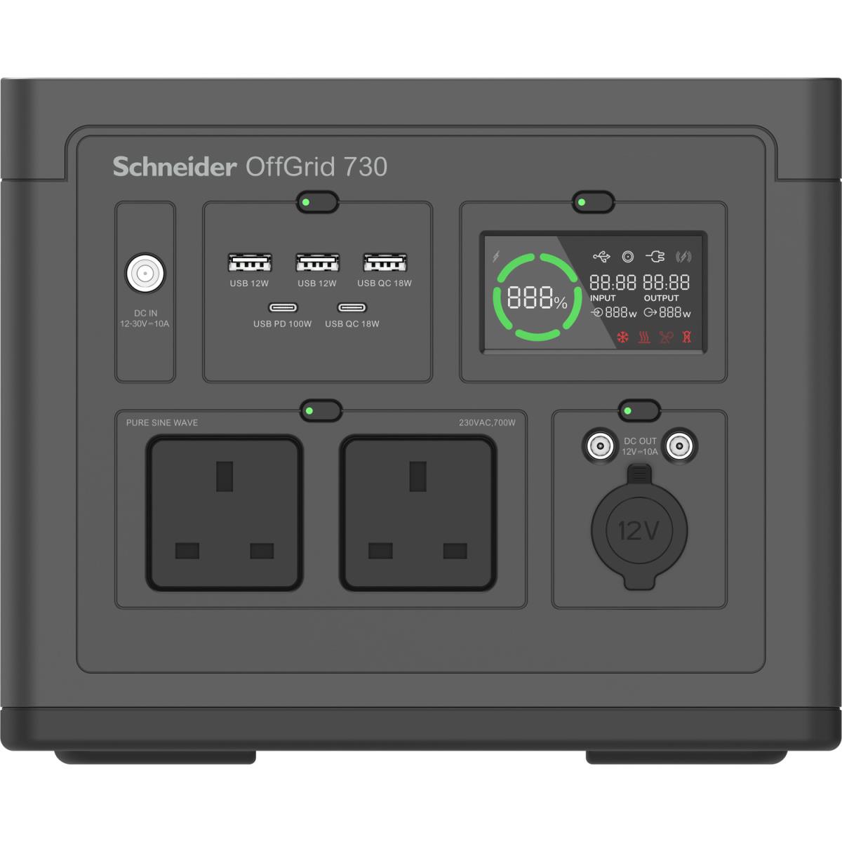 Schneider OffGrid Portable Power Station 730, 738Wh Lithium-ion, LCD, UK Type G Plug, Sinewave, 3 USB-A, 2 USB-C, Wireless Charger
