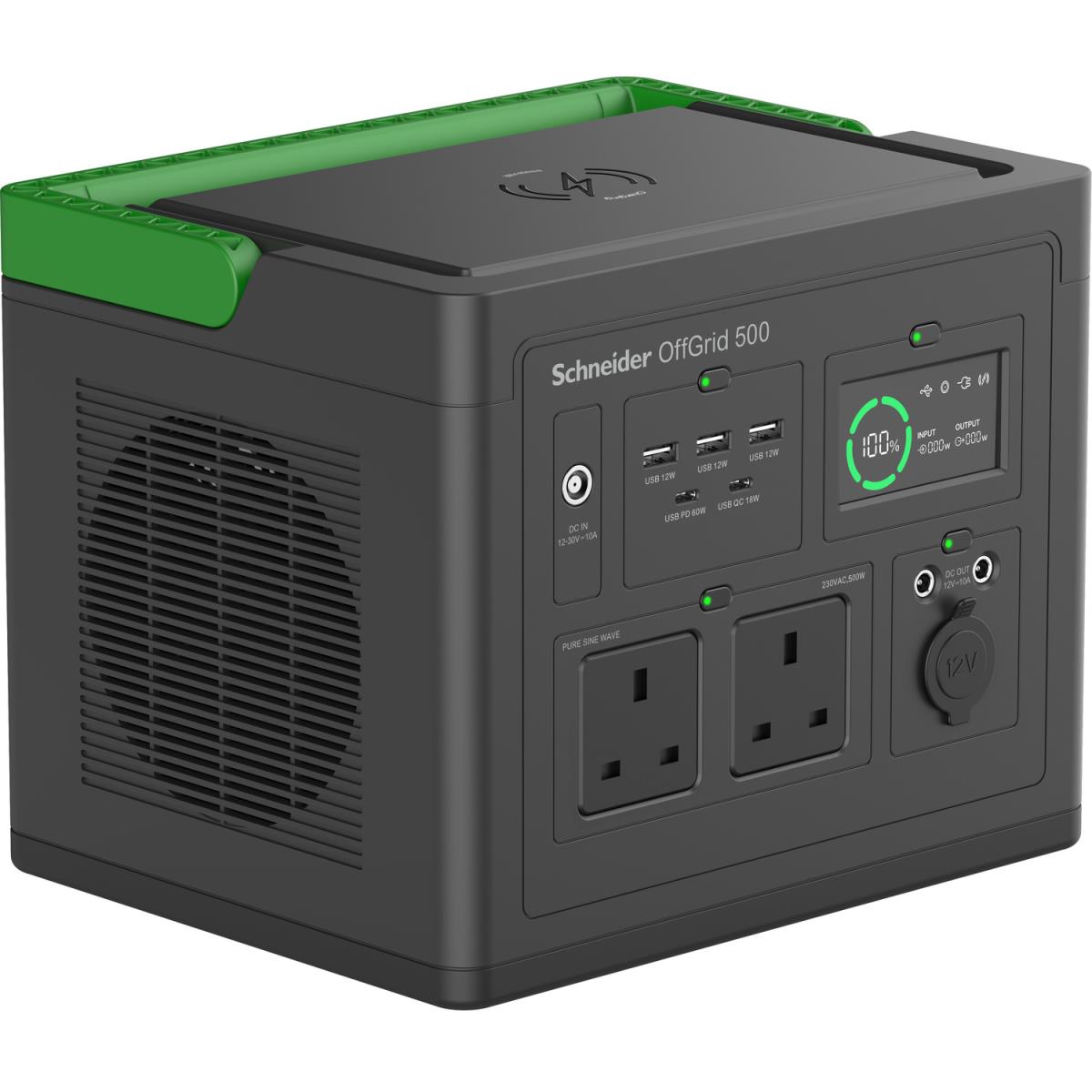 Schneider OffGrid Portable Power Station 500, 230V, 517Wh Lithium-ion, LCD, UK Type G Plug, Sinewave, 3 USB-A, 2 USB-C, Wireless Charger