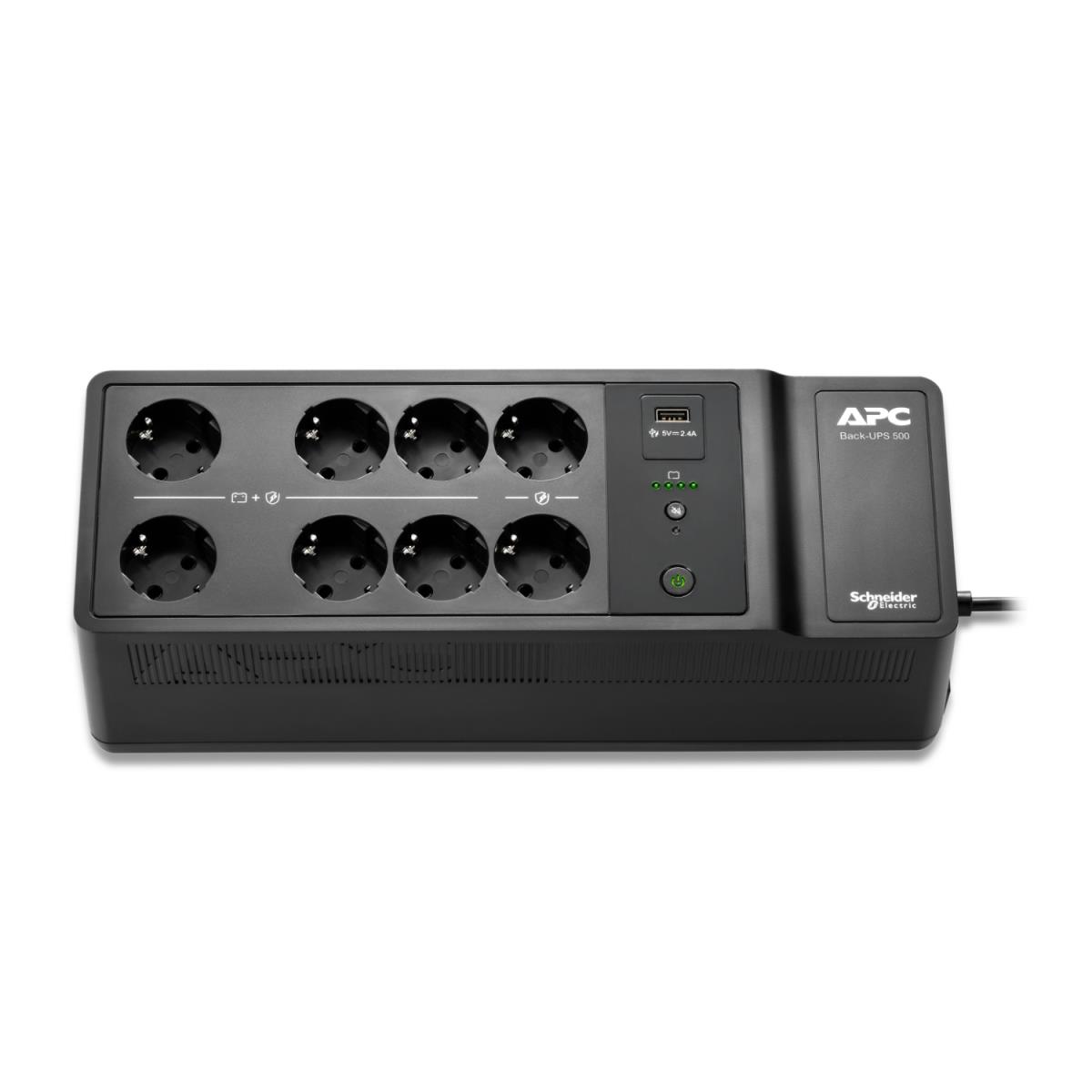 Back-UPS, 500VA/300W Floor/Wall Mount, 230V, 8x CEE 7/3 Schuko outlets, USB Type A Port, User Replaceable Battery