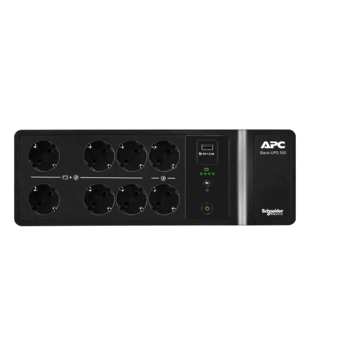 Back-UPS, 500VA/300W Floor/Wall Mount, 230V, 8x CEE 7/3 Schuko outlets, USB Type A Port, User Replaceable Battery