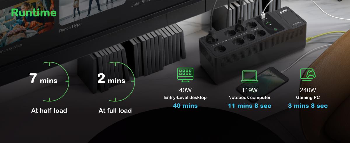 Back-UPS, 500VA/300W Floor/Wall Mount, 230V, 8x CEE 7/3 Schuko outlets, USB Type A Port, User Replaceable Battery