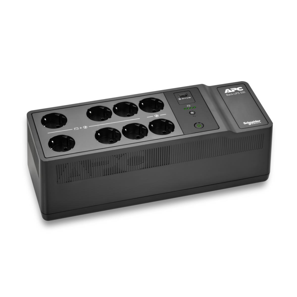 Back-UPS, 500VA/300W Floor/Wall Mount, 230V, 8x CEE 7/3 Schuko outlets, USB Type A Port, User Replaceable Battery