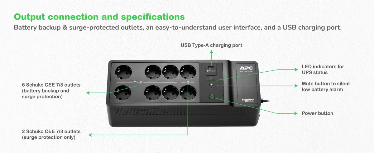Back-UPS, 500VA/300W Floor/Wall Mount, 230V, 8x CEE 7/3 Schuko outlets, USB Type A Port, User Replaceable Battery
