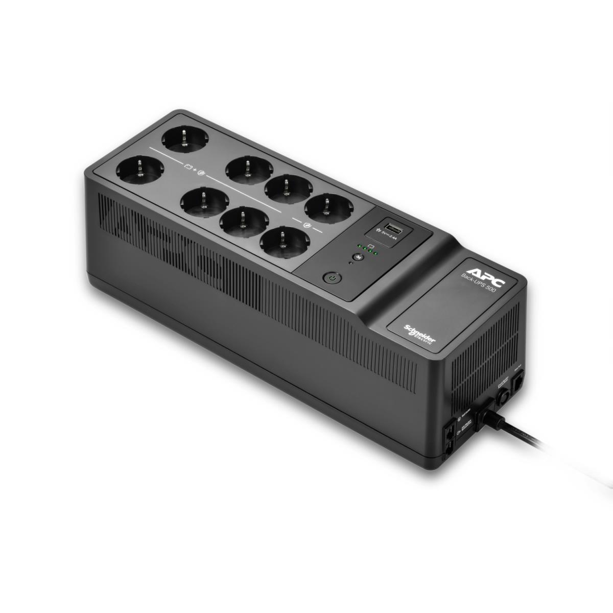 Back-UPS, 500VA/300W Floor/Wall Mount, 230V, 8x CEE 7/3 Schuko outlets, USB Type A Port, User Replaceable Battery