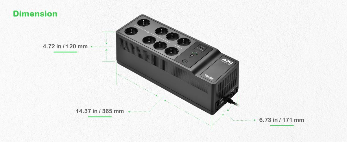 Back-UPS, 500VA/300W Floor/Wall Mount, 230V, 8x CEE 7/3 Schuko outlets, USB Type A Port, User Replaceable Battery