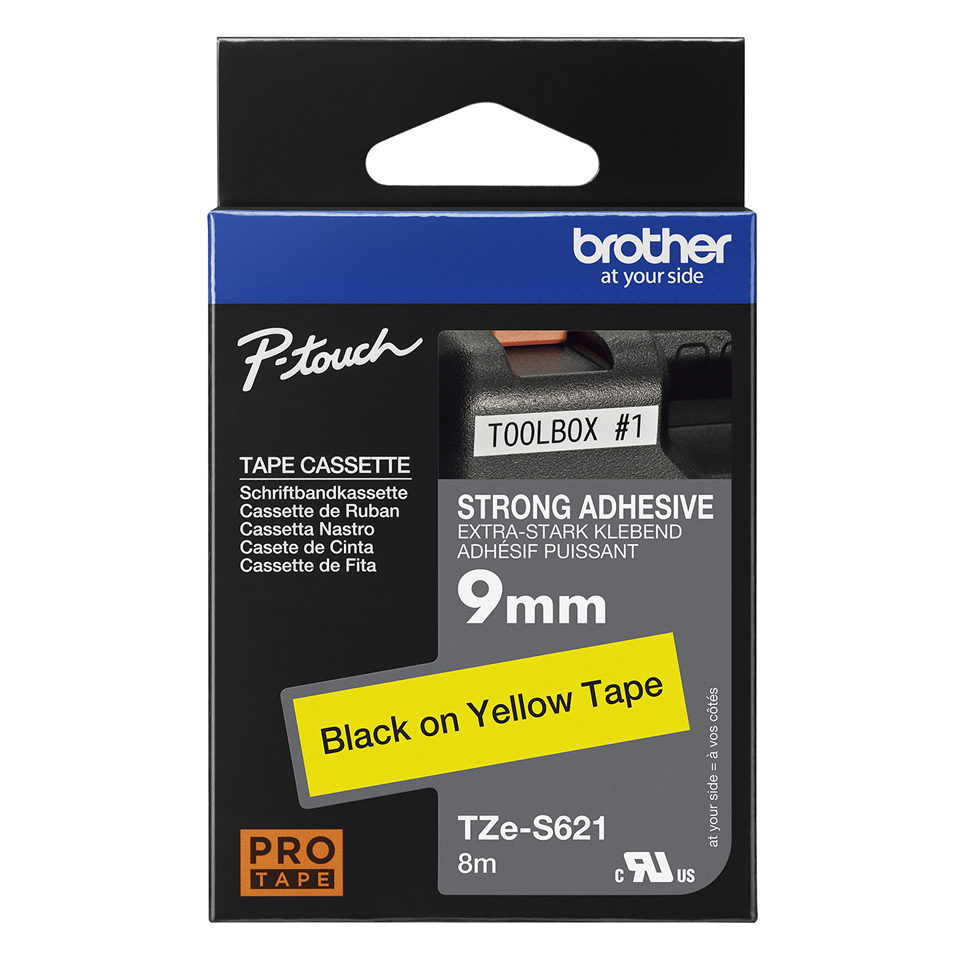 Tape 9mm Black On Yellow Strong Adhesive (tze-s621)