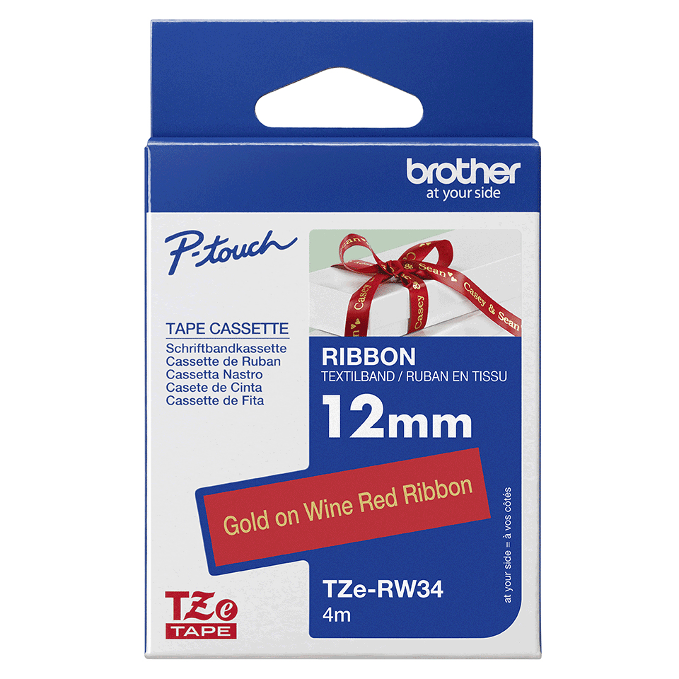 Tape Tze-rw34 12mm Ribbon Gold On Wine Red