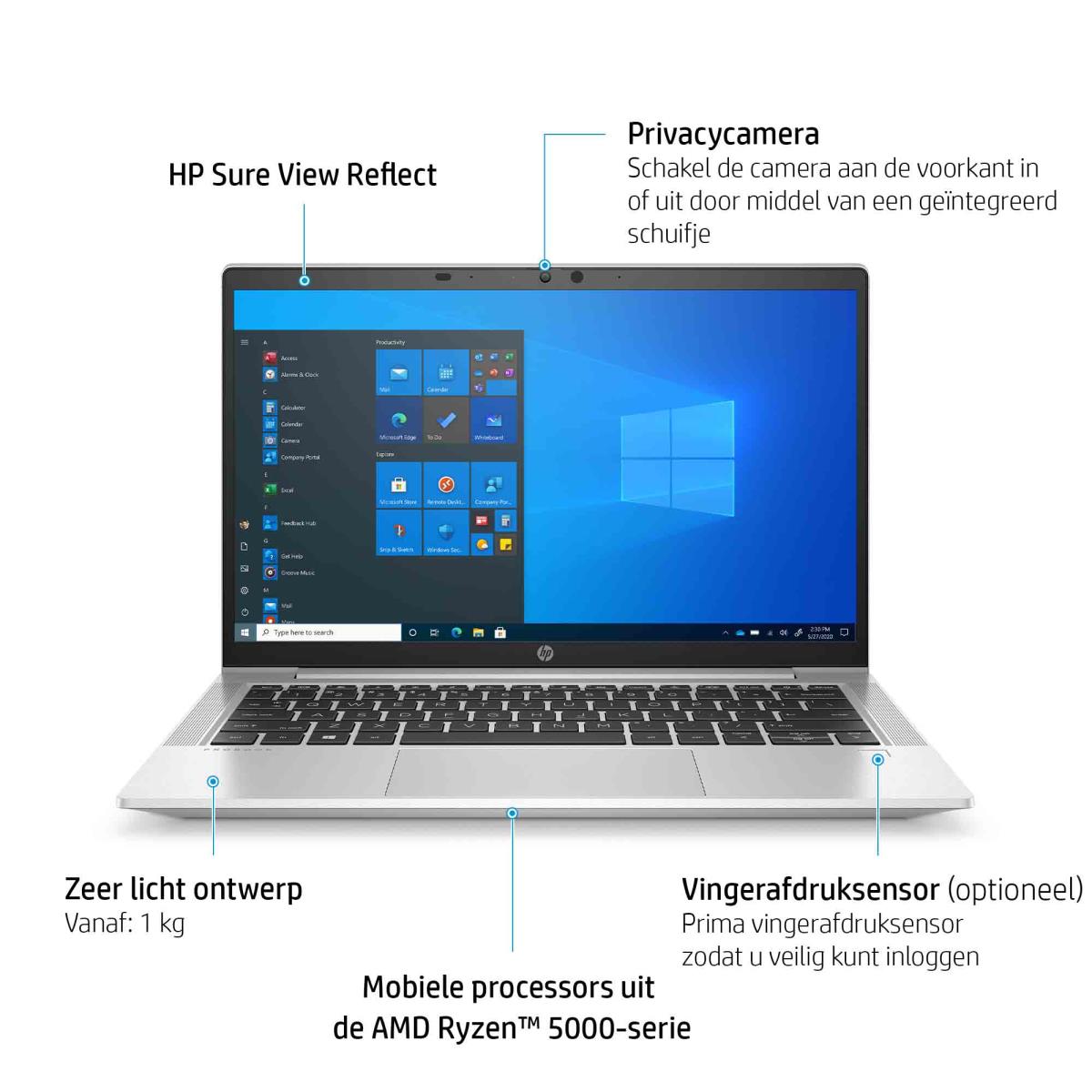 ProBook 635 Aero G8 - 13.3in - R7 5850U - 16GB RAM - 512GB SSD - Win10 Pro - Azerty Belgian