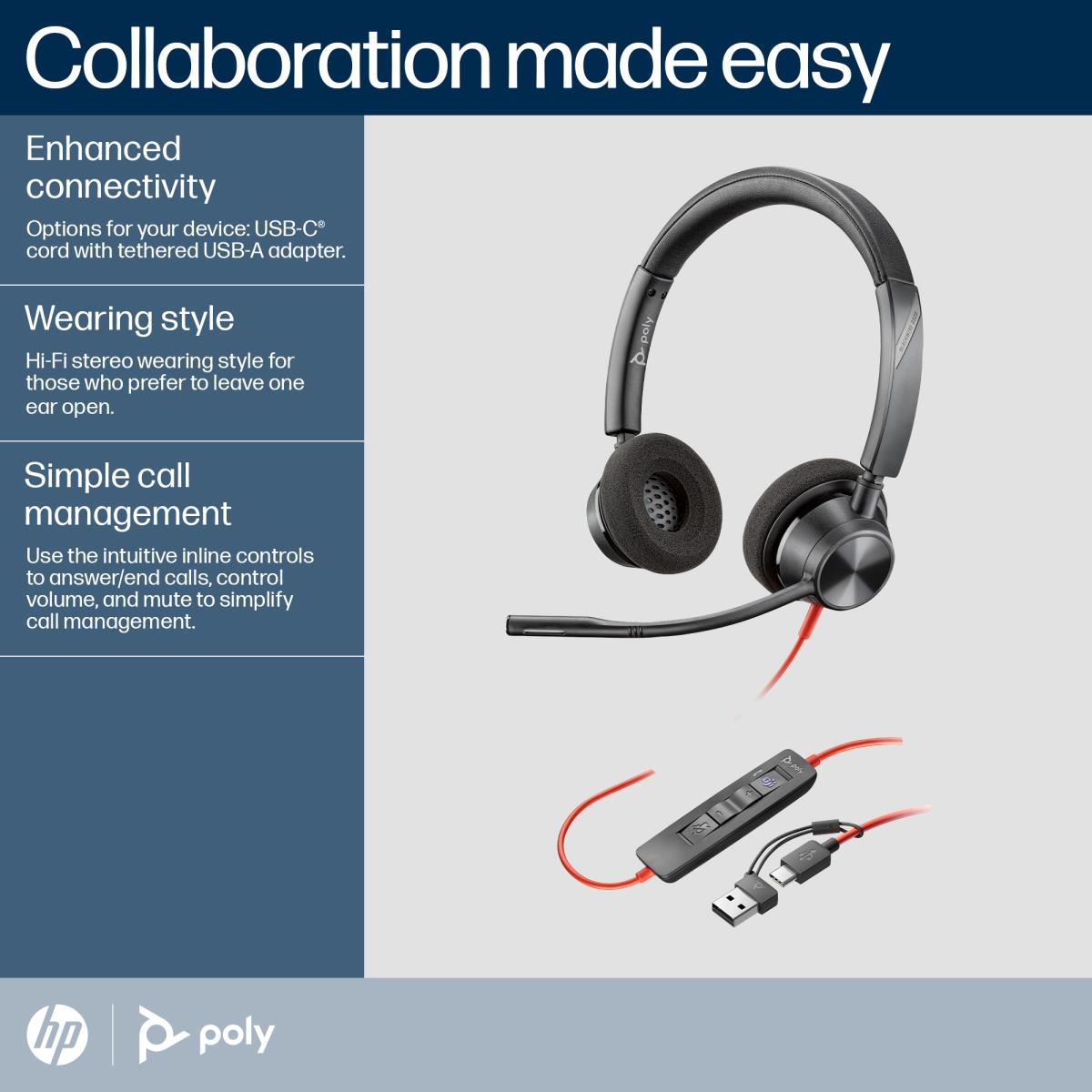 Headset Blackwire 3320-m - Stereo - USB-c - USB-C/A Adapter