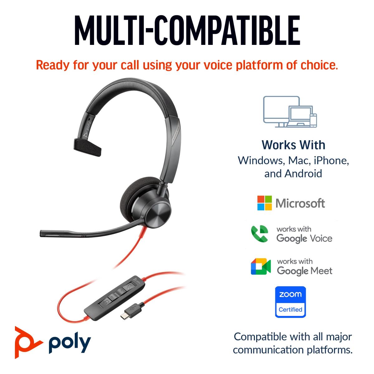 Headset Blackwire 3310 - Monaural - USB-C - USB-C/A Adapter