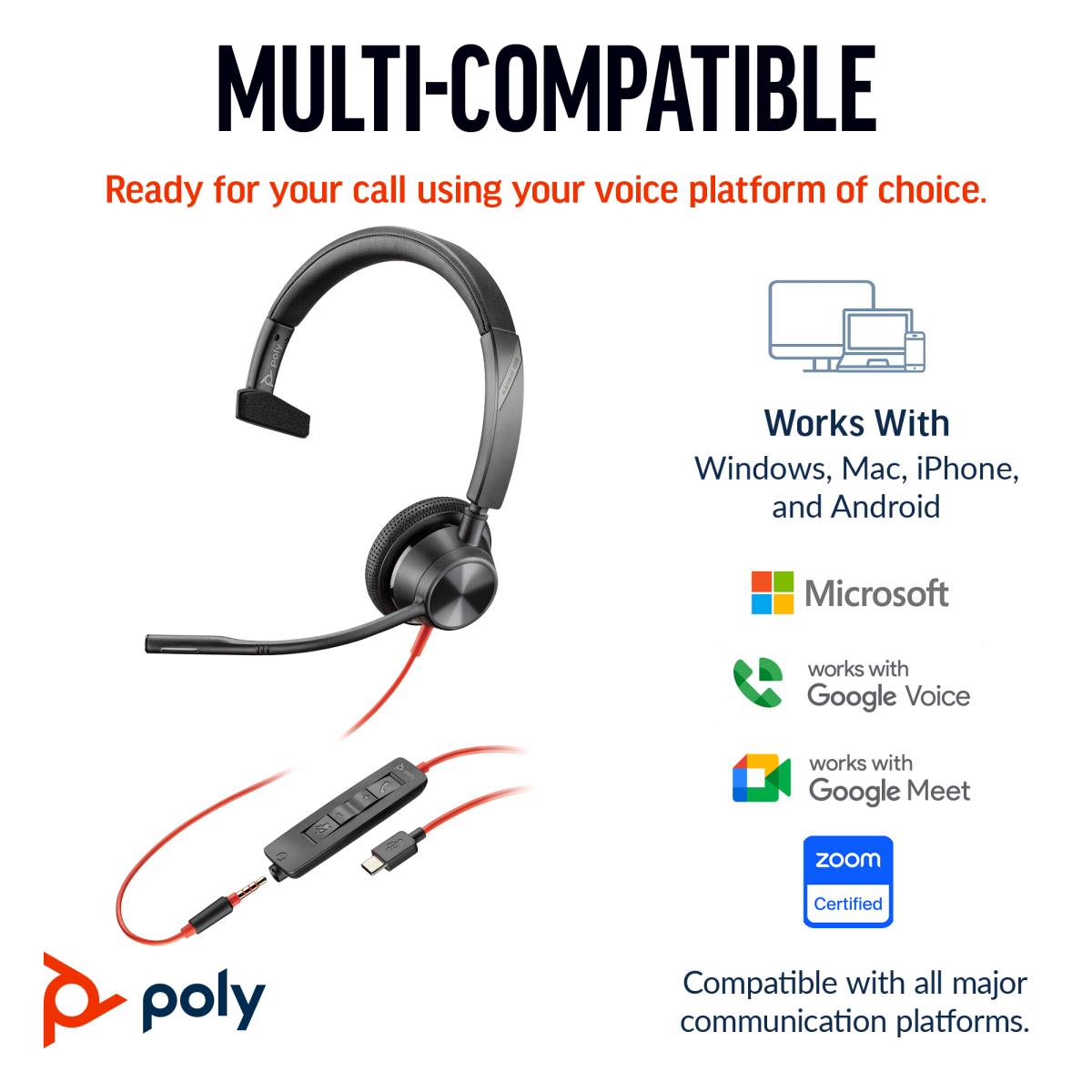 Headset Blackwire 3315 - Monaural - USB-c / 3.5mm - USB-C/A Adapter