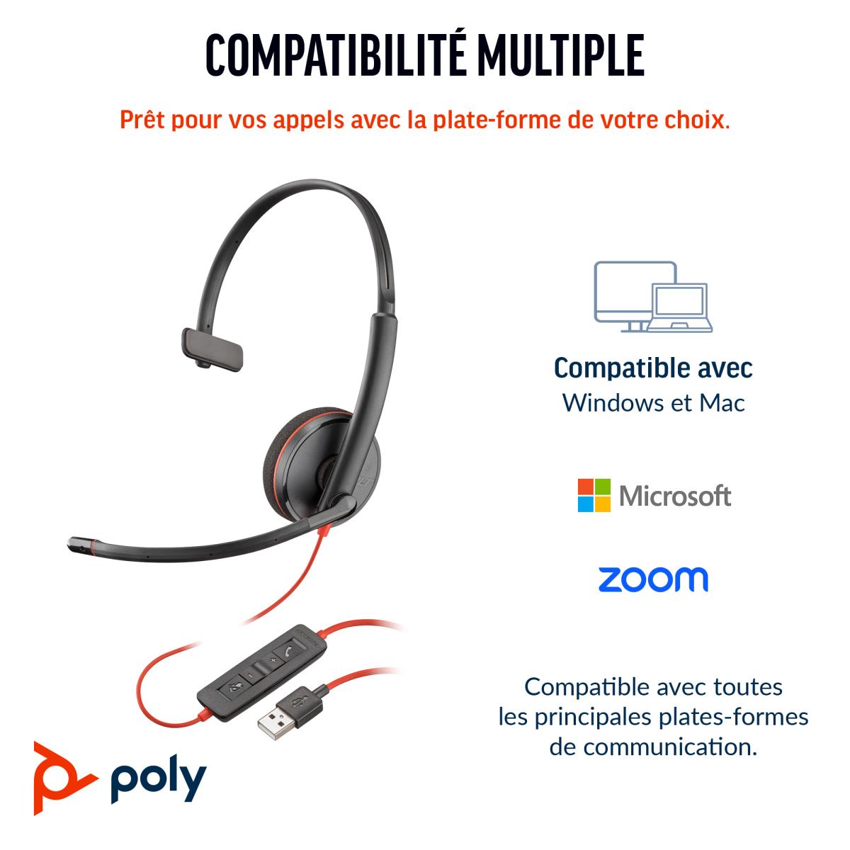 Headset Blackwire 3210 - Monaural - USB-C - USB-C/A Adapter