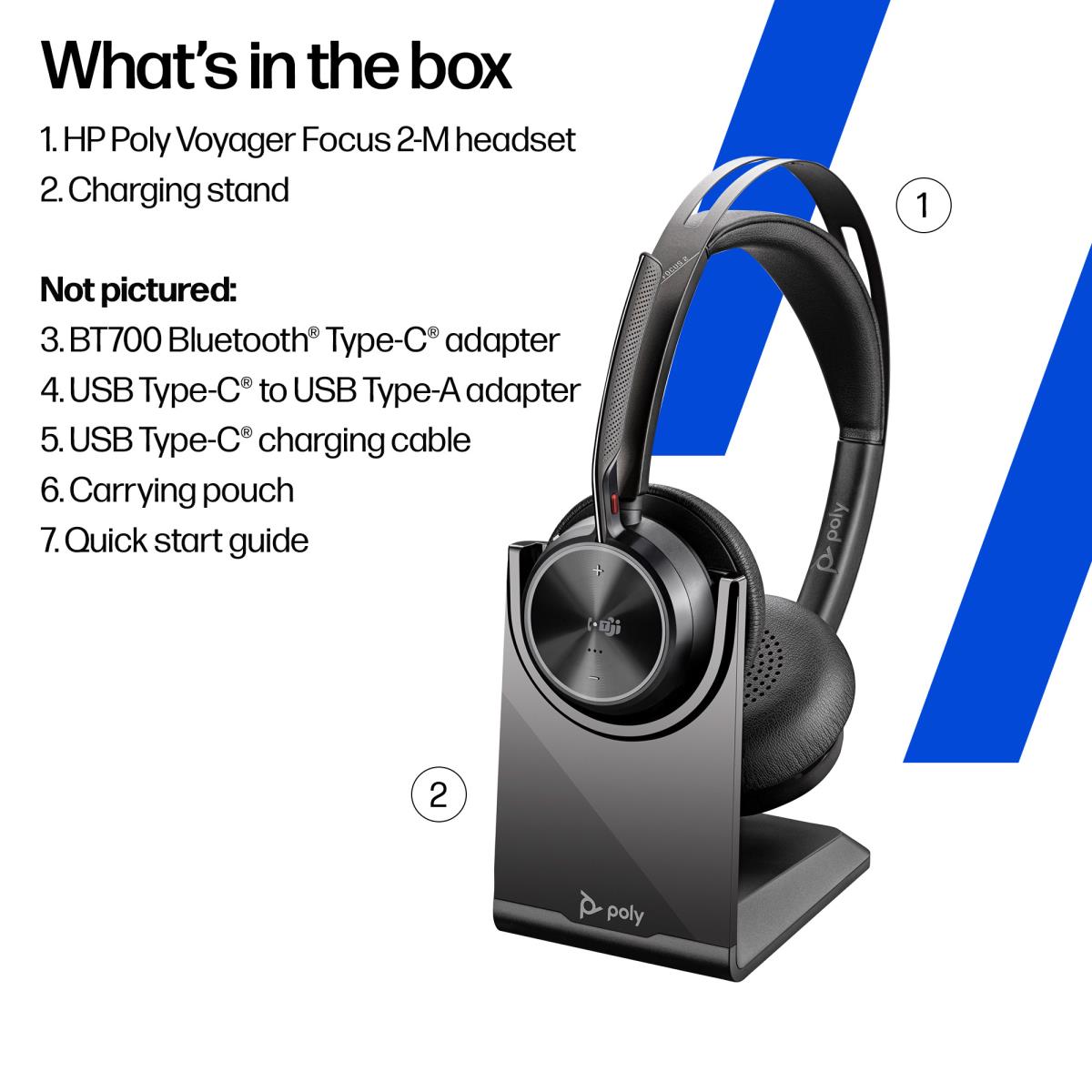 Headset Voyager Focus 2 Microsoft - Stereo - Bluetooth/USB-C - USB-C/A Adapter + Charging Stand