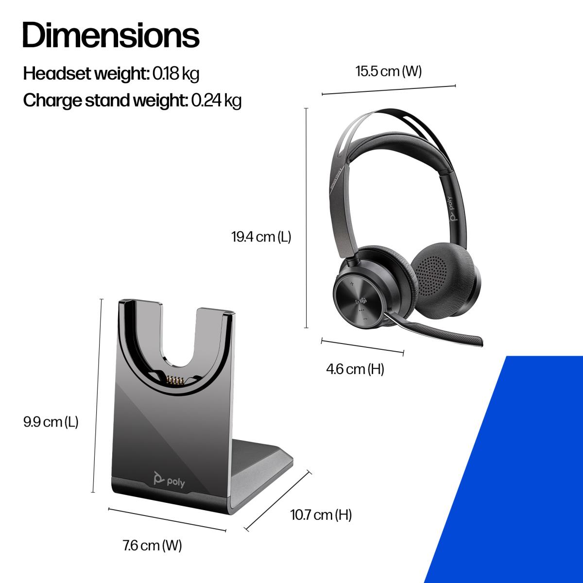 Headset Voyager Focus 2 Microsoft - Stereo - Bluetooth/USB-C - USB-C/A Adapter + Charging Stand