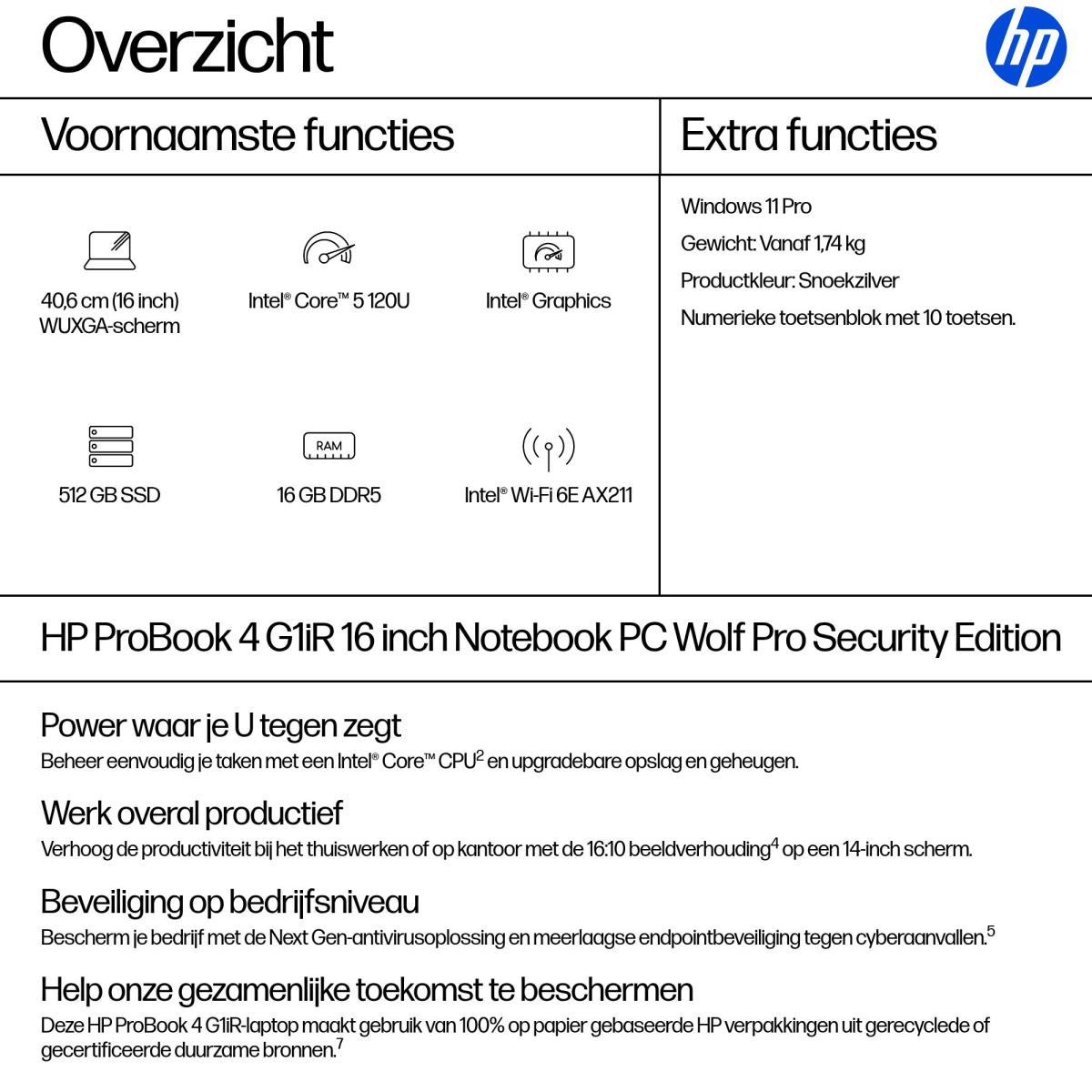 ProBook 4 G1iR - 16in - Core 5 120U - 16GB RAM - 512GB SSD - Win11 Pro - Azerty Belgian