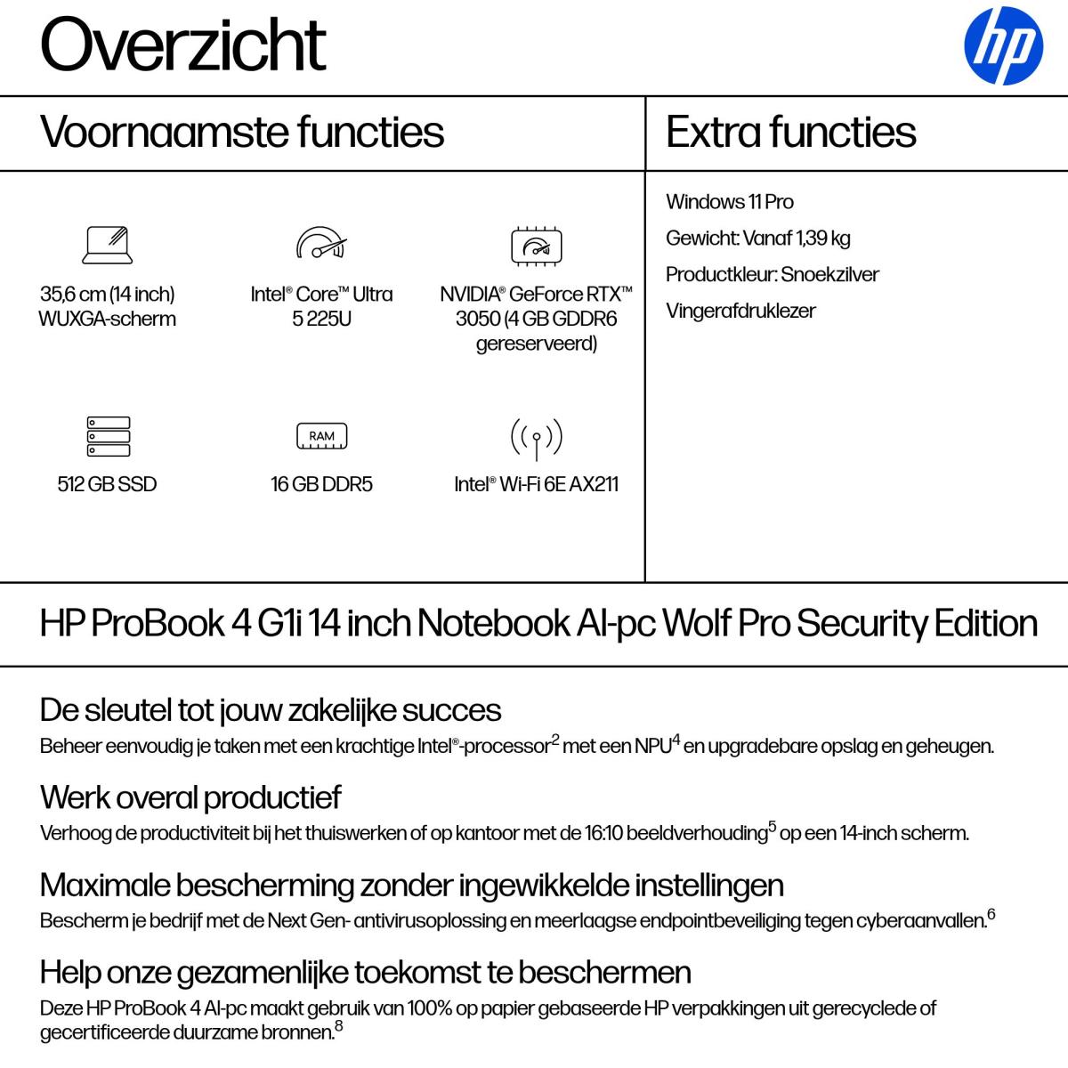 ProBook 4 G1i AI - 14in - Core Ultra 5 225U - 16GB RAM - 512GB SSD - Win11 Pro - Azerty Belgian