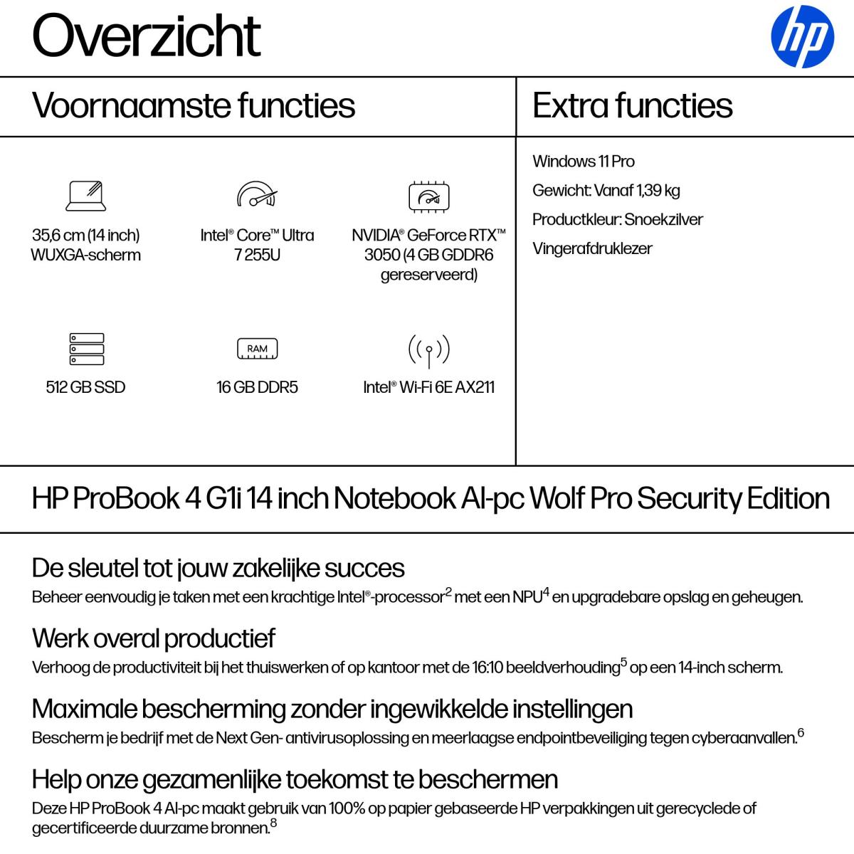 ProBook 4 G1i AI - 14in - Core Ultra 7 255U - 16GB RAM - 512GB SSD - Win11 Pro - Azerty Belgian