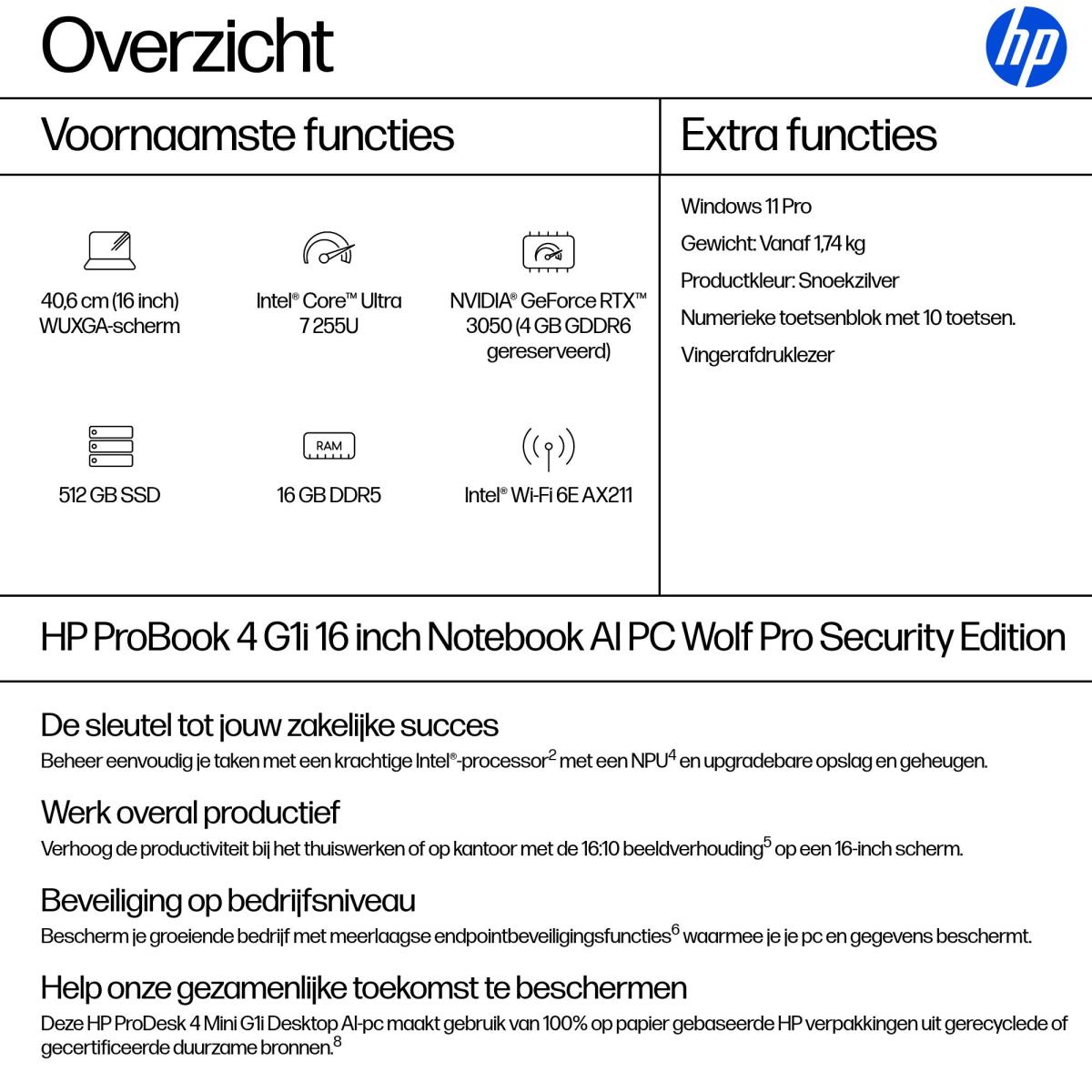 ProBook 4 G1i AI - 16in - Core Ultra 7 255U - 16GB RAM - 512GB SSD - Win11 Pro - Azerty Belgian