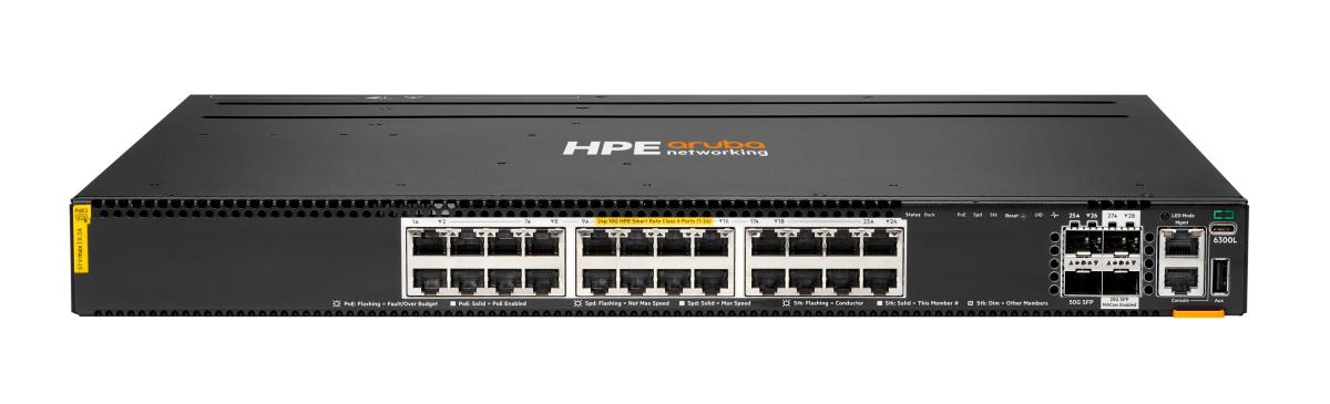Aruba Networking 6300L 24p Smart Rate 1G/2.5G/5G/10G CL6 2p SFP56 50G 2p SFP28 25G L2 Switch