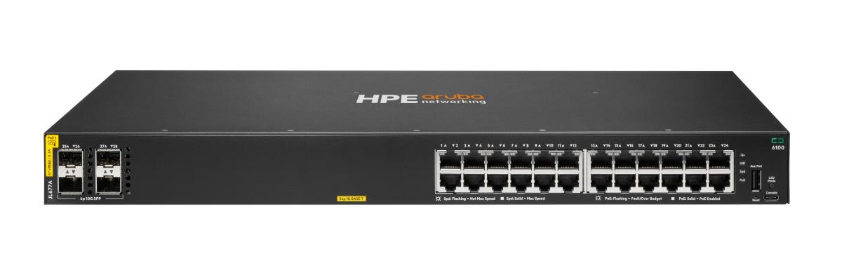 Aruba 6100 24G Class4 PoE 4SFP+ 370W Switch, 24x ports 10/100/1000BASE-T ports 4x 1G/10G SFP ports