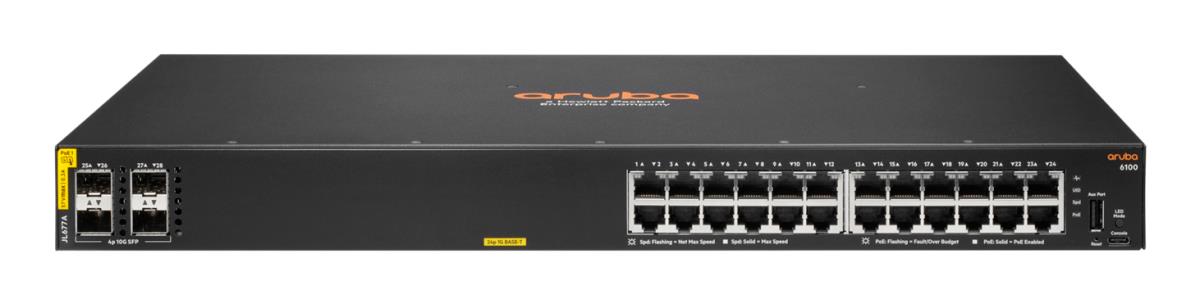 Aruba 6100 24G Class4 PoE 4SFP+ 370W Switch, 24x ports 10/100/1000BASE-T ports 4x 1G/10G SFP ports