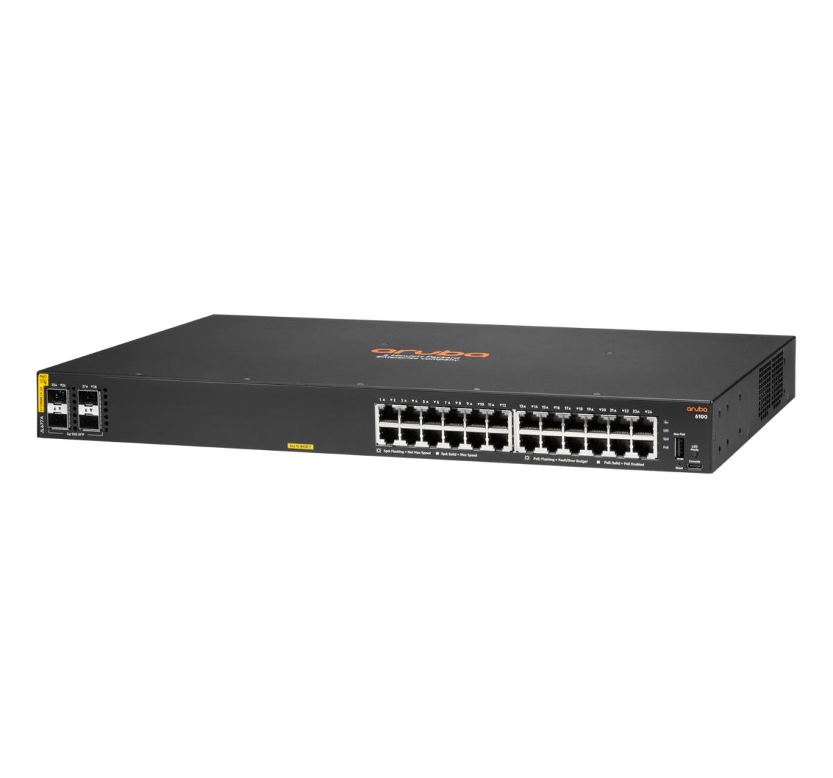 Aruba 6100 24G Class4 PoE 4SFP+ 370W Switch, 24x ports 10/100/1000BASE-T ports 4x 1G/10G SFP ports