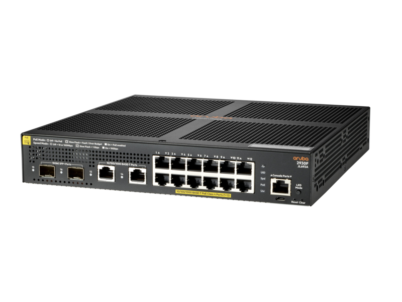 Aruba 2930F 12G PoE+ 2G/2SFP+ Switch, (12) RJ-45 autosensing 10/100/1000 PoE+ ports (2) SFP+ 1/10GbE ports