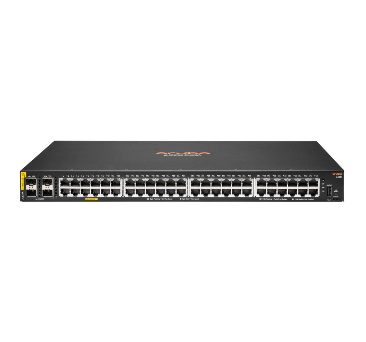 Aruba 6100 48G Class4 PoE 4SFP+ 370W Switch, 48x ports 10/100/1000BASE-T ports 4x 1G/10G SFP ports