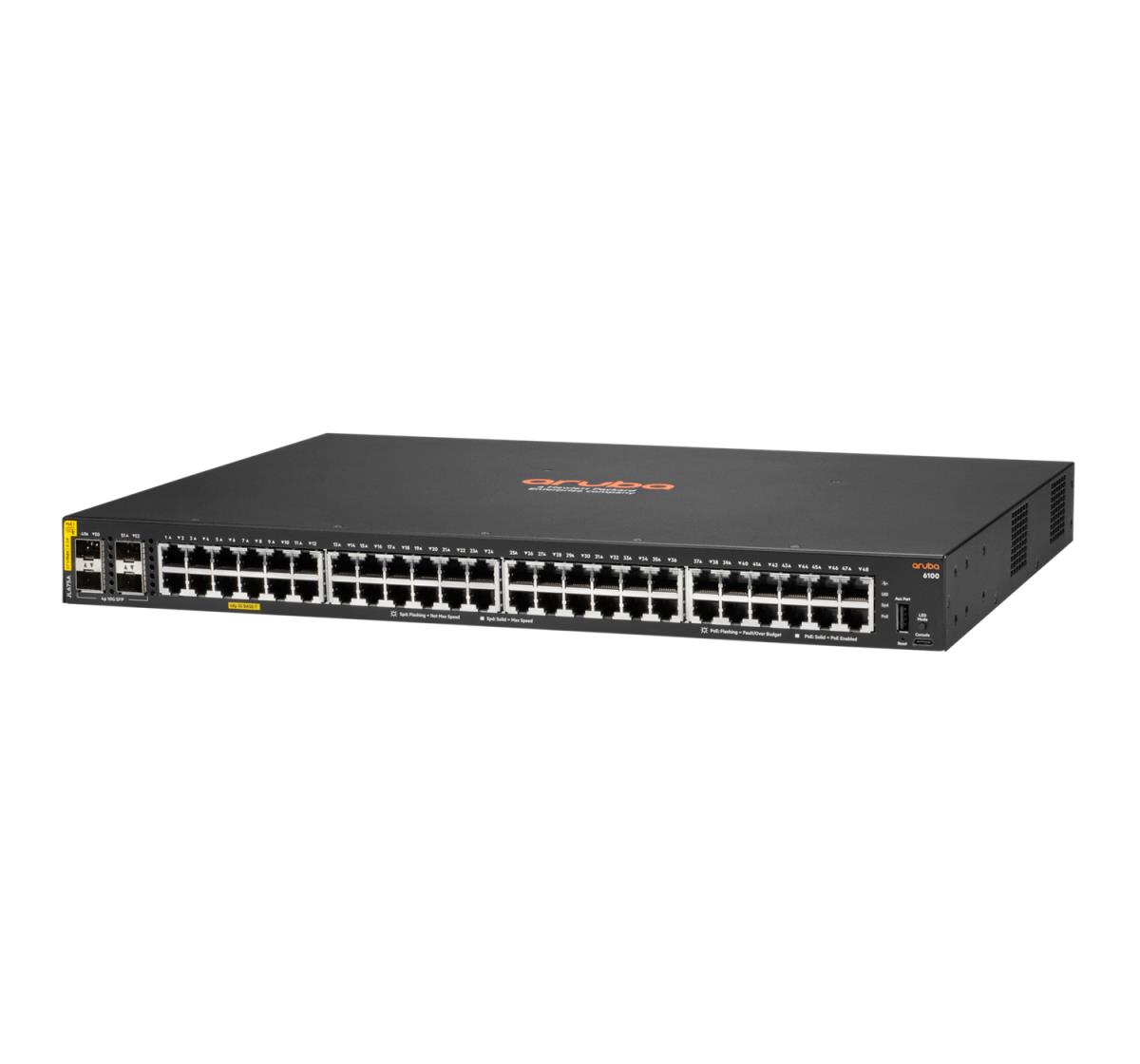 Aruba 6100 48G Class4 PoE 4SFP+ 370W Switch, 48x ports 10/100/1000BASE-T ports 4x 1G/10G SFP ports
