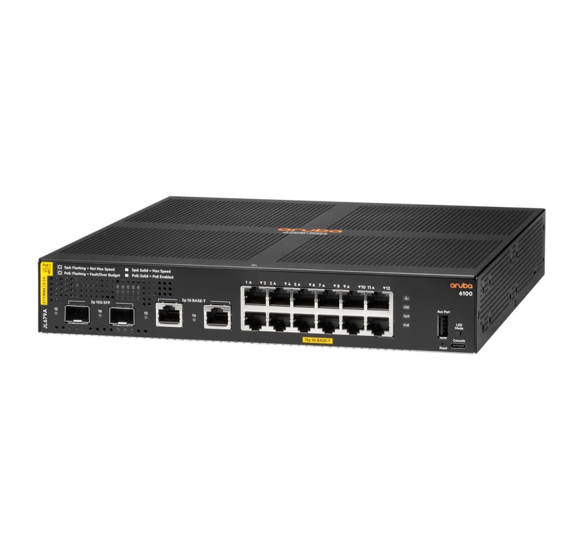Aruba 6100 12G Class4 PoE 2G/2SFP+ 139W Switch, 12x ports 10/100/1000BASE-T Ports 2x 1G/10G SFP ports 2x 1GbE ports