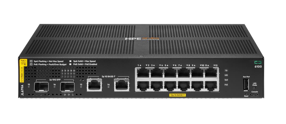 Aruba 6100 12G Class4 PoE 2G/2SFP+ 139W Switch, 12x ports 10/100/1000BASE-T Ports 2x 1G/10G SFP ports 2x 1GbE ports