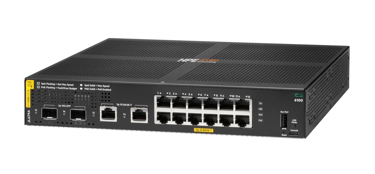 Aruba 6100 12G Class4 PoE 2G/2SFP+ 139W Switch, 12x ports 10/100/1000BASE-T Ports 2x 1G/10G SFP ports 2x 1GbE ports