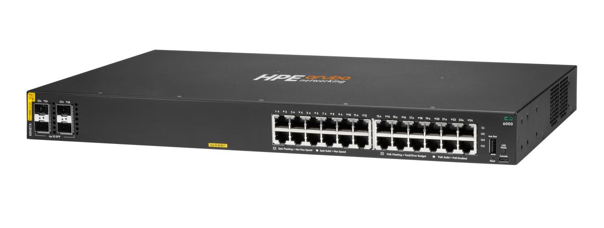 Aruba 6000 24G Class4 PoE 4SFP 370W Switch, 24x 10/100/1000BASE-T ports, 4x 1G SFP ports