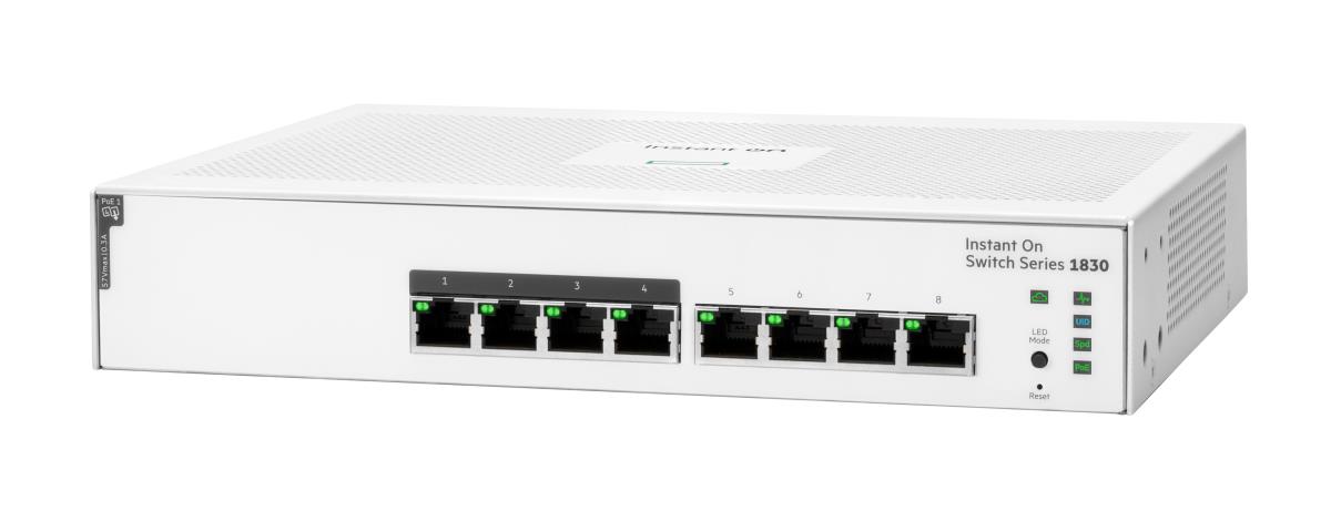 Aruba Instant On 1830 8G 4p Class4 PoE 65W Switch, 8 RJ-45 10/100/1000 Class 4 PoE ports
