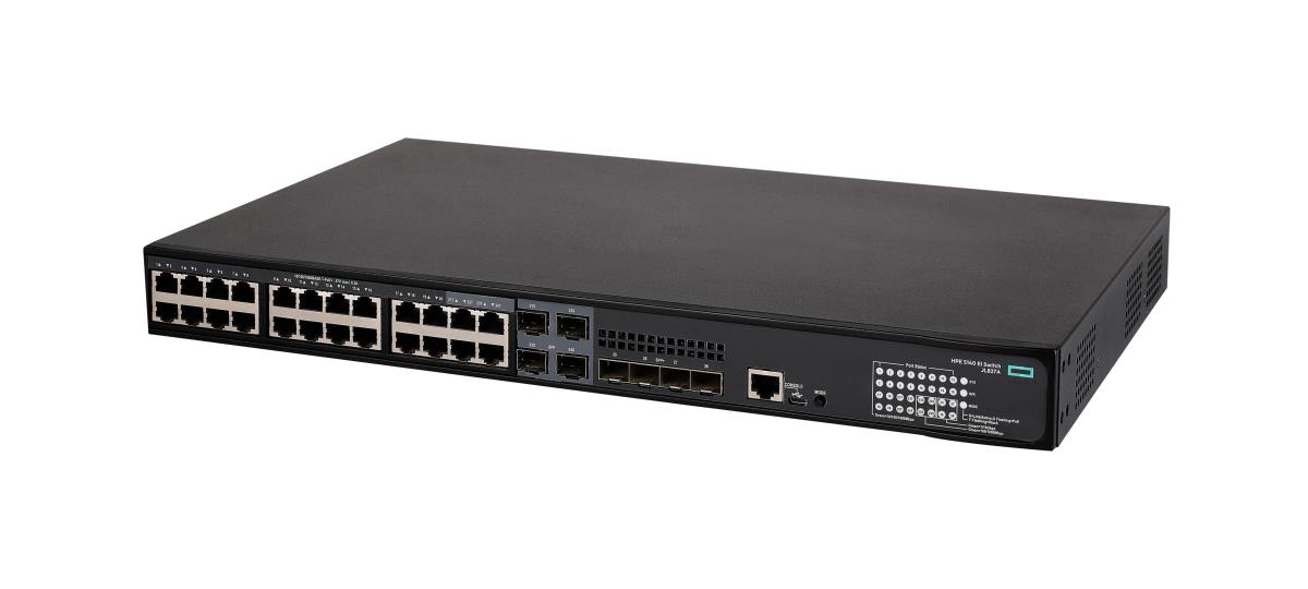 FlexNetwork 5140 24G PoE+ 4SFP+ EI Switch, (24) RJ-45 autosensing 10/100/1000 ports, (4) SFP+ fixed 1000/10000 SFP+ ports