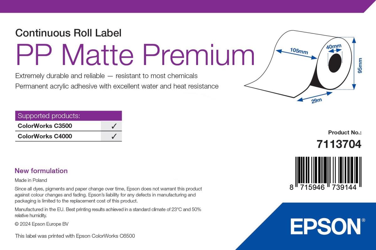 Pp Matte Label Premium Continuous Roll 105mm X 29m