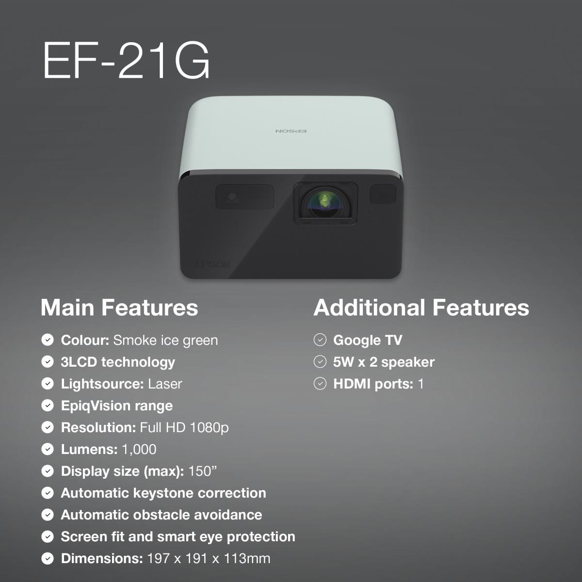 Ef-21g - Projector - 3LCD 1000 Lm Full Hd - USB / Hdmi