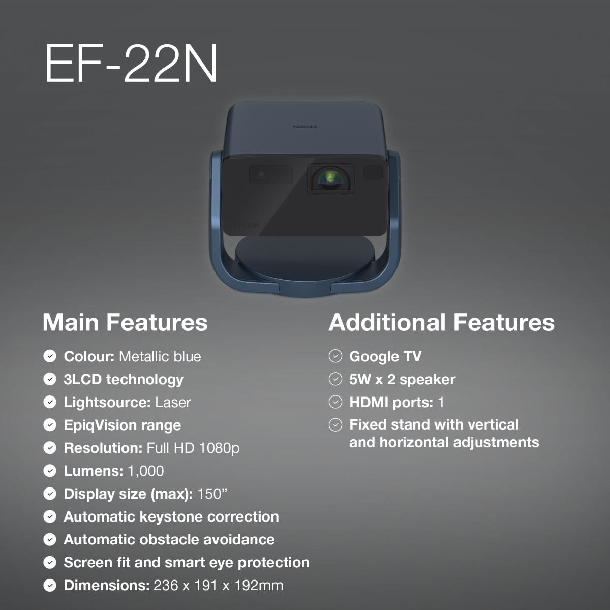 Ef-22n - Projector - 3LCD 1000 Lm Full Hd - USB / Hdmi