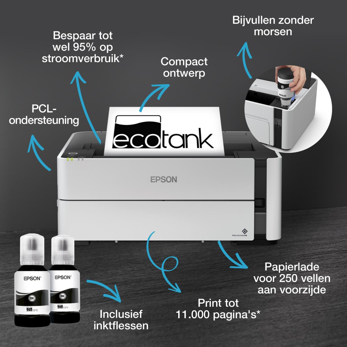 Ecotank Et-m1180b - Monochrome Printer - Inkjet - A4 - USB / Ethernet / Wi-Fi