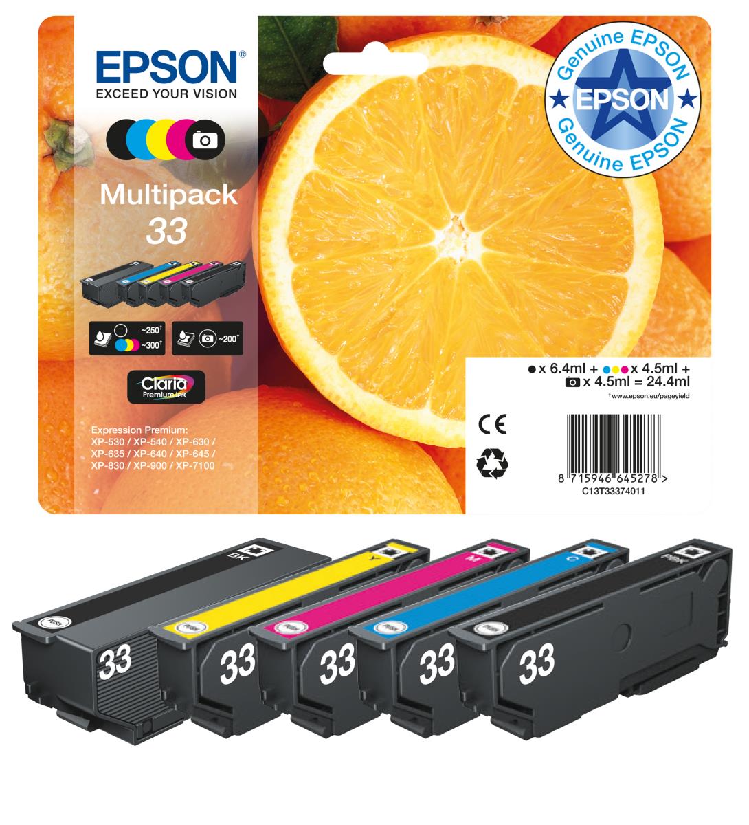 Ink Cartridge - 33 Oranges - 24.4ml Black/ Yellow / Cyan / Magenta / Photo Black