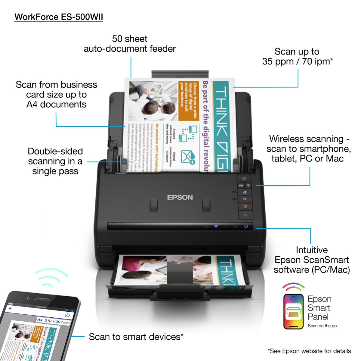 Workforce Es-500wii - Duplex Scanner - A4 - 600 Dpi - USB 3.0/ Wi-Fi