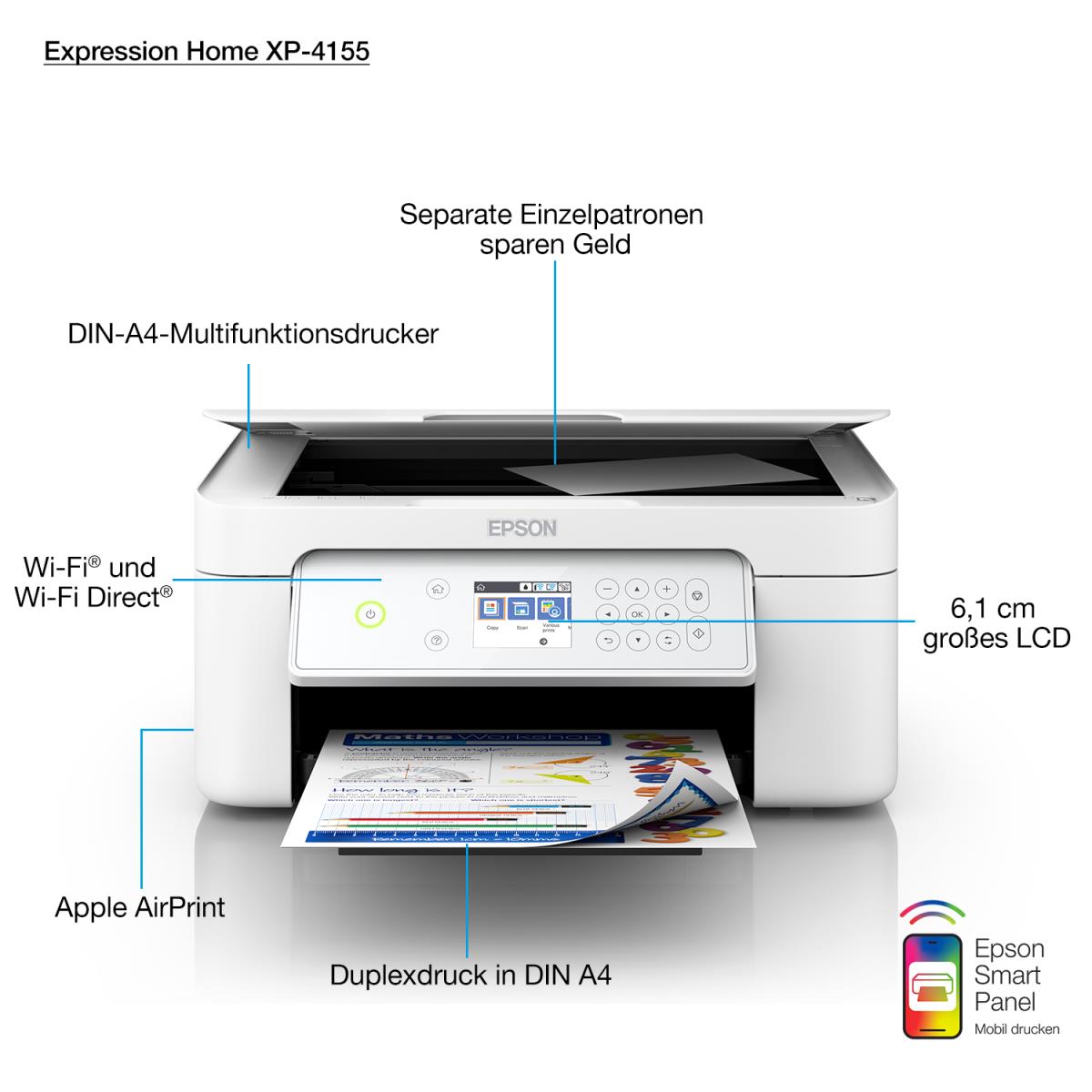 Expression Home Xp-4155 - Flexible Multifuction Printer - Inkjet - A4 - Wi-Fi / USB White