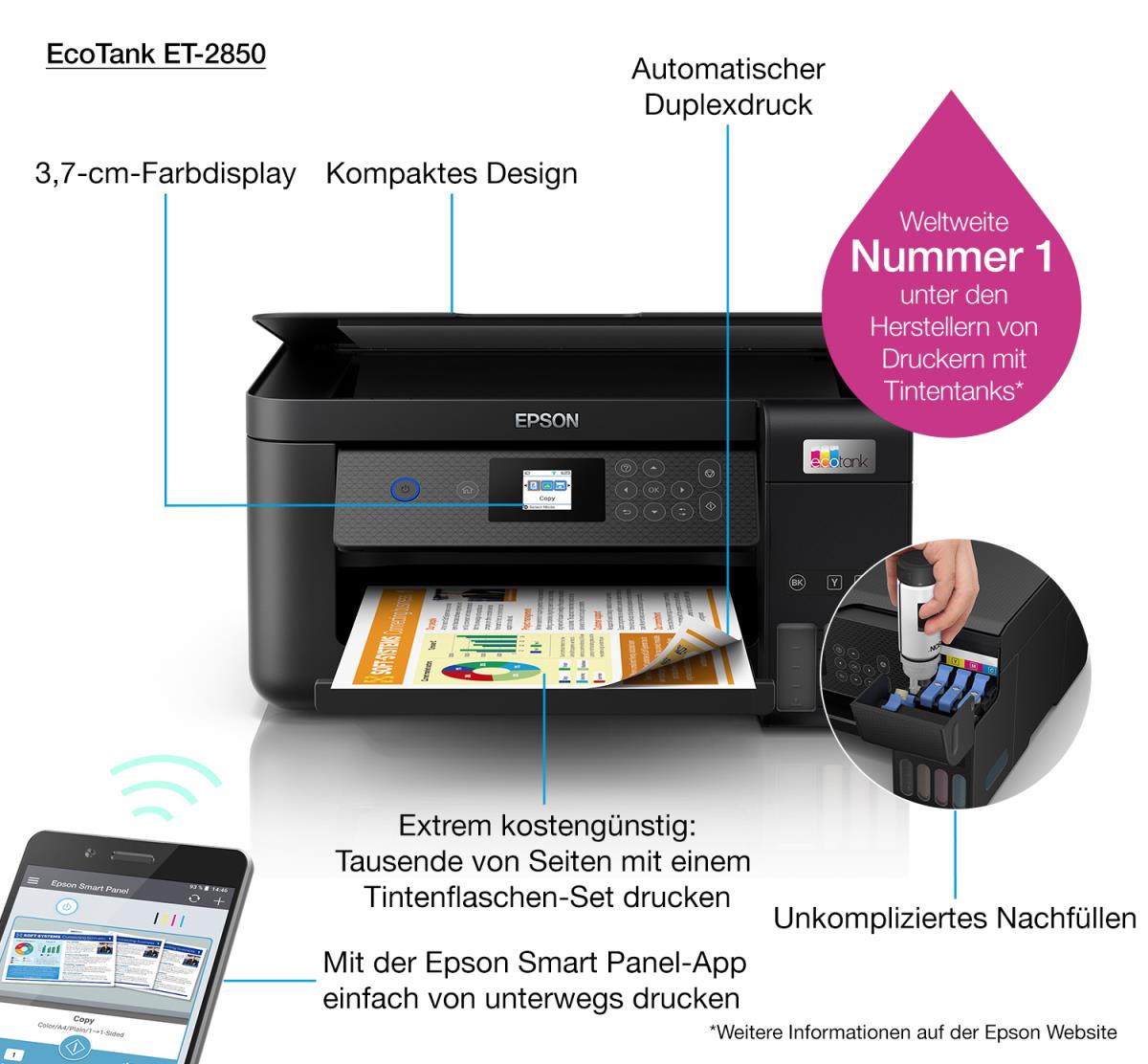 Ecotank Et-2850 - Color All-in-one Printer - Inkjet - A4 - Wi-Fi/ USB