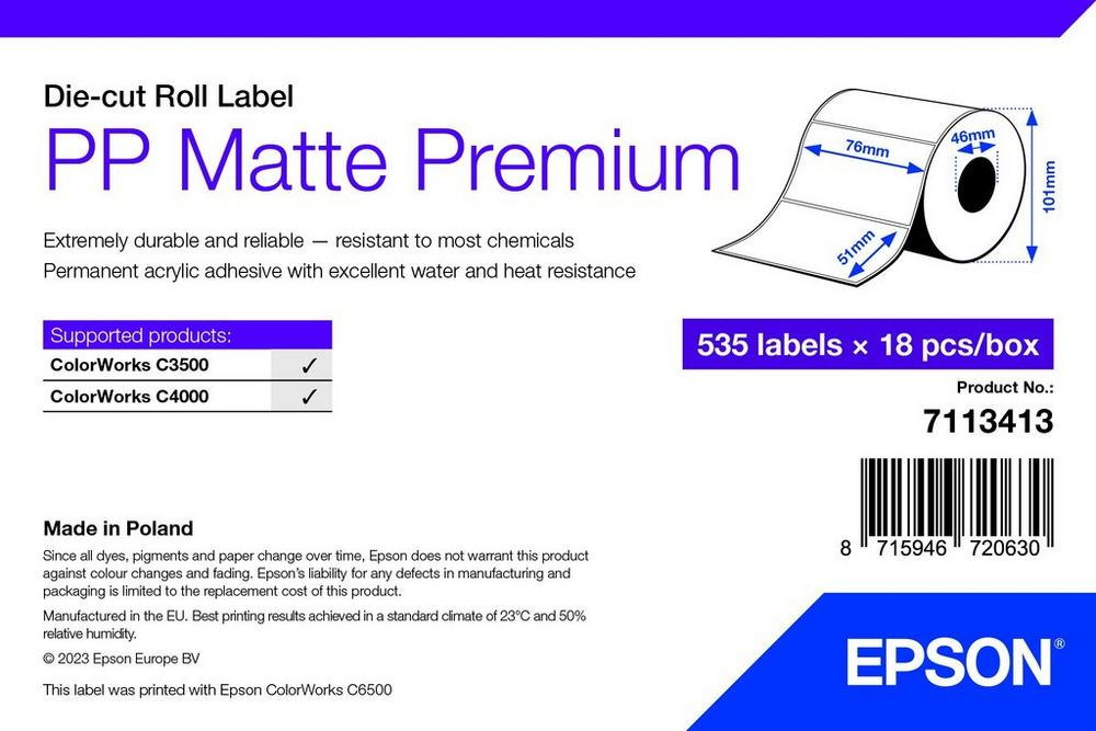 Pp Matte Label Premium, Die-cut Roll, 76mm X 51mm, 535 Labels