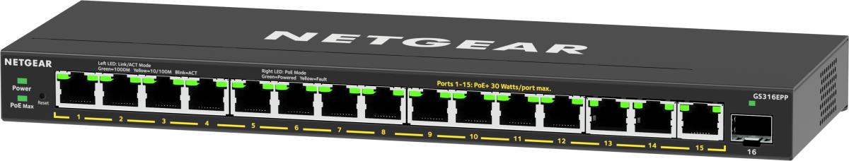 Managed Easy Smart Essentials Switch High-Power PoE+ GS316EPP - 16-Port GbE (231W) with 1 SFP Port