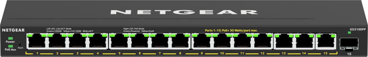 Managed Easy Smart Essentials Switch High-Power PoE+ GS316EPP - 16-Port GbE (231W) with 1 SFP Port