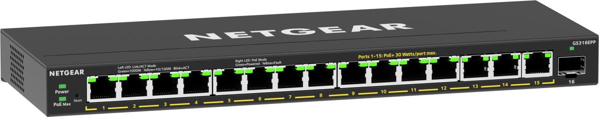 Managed Easy Smart Essentials Switch High-Power PoE+ GS316EPP - 16-Port GbE (231W) with 1 SFP Port