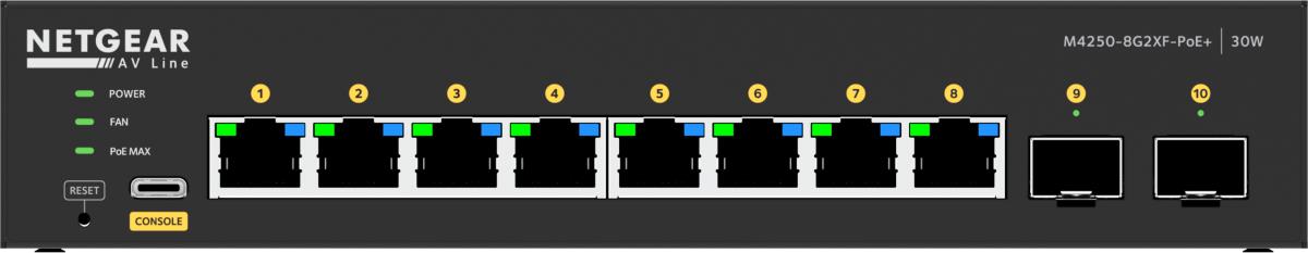 AV Line Managed Desktop Switch M4250-8G2XF-PoE+ (GSM4210PX) - 8x1G PoE+ 220W and 2xSFP+ Port