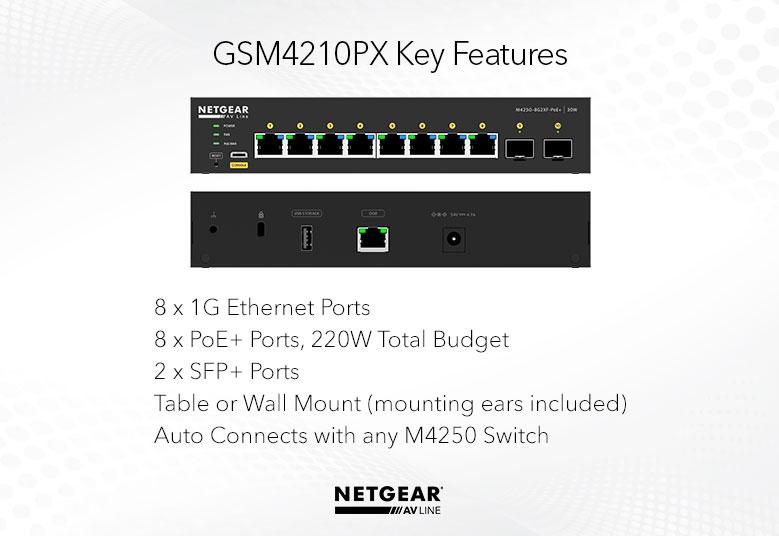 AV Line Managed Desktop Switch M4250-8G2XF-PoE+ (GSM4210PX) - 8x1G PoE+ 220W and 2xSFP+ Port