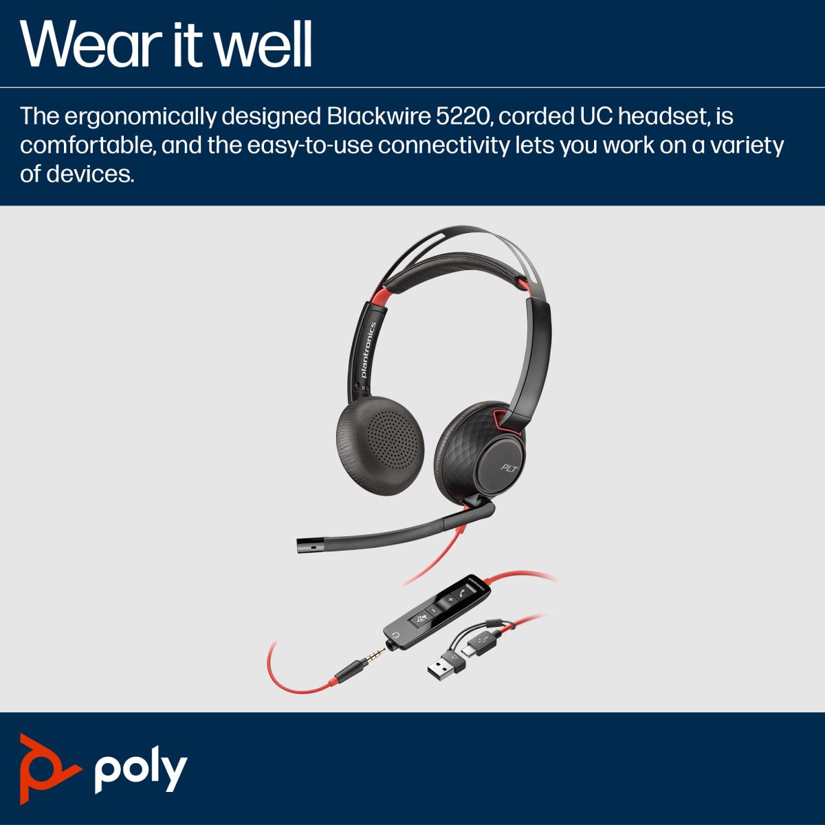 Headset Blackwire 5220 - Stereo - USB-C / USB-A / 3.5mm